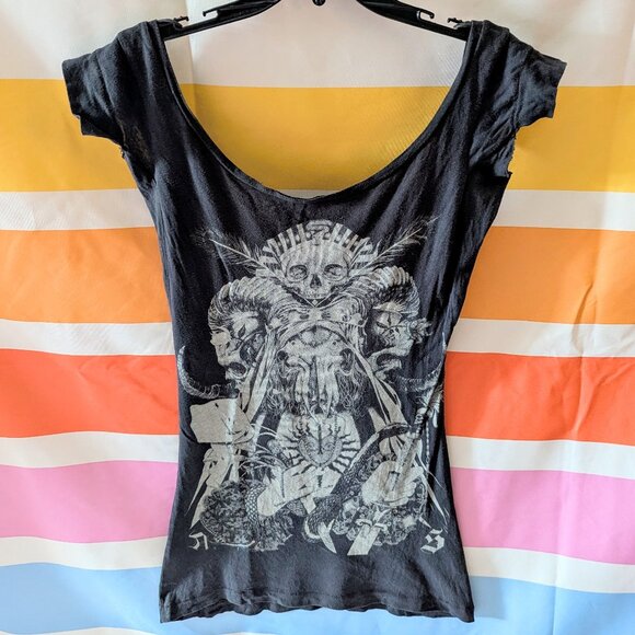 Allsaints Vintage 7 Curses Tee Gray Black Skulls Tribal Graphic Grunge Witchy 6 - Picture 1 of 12